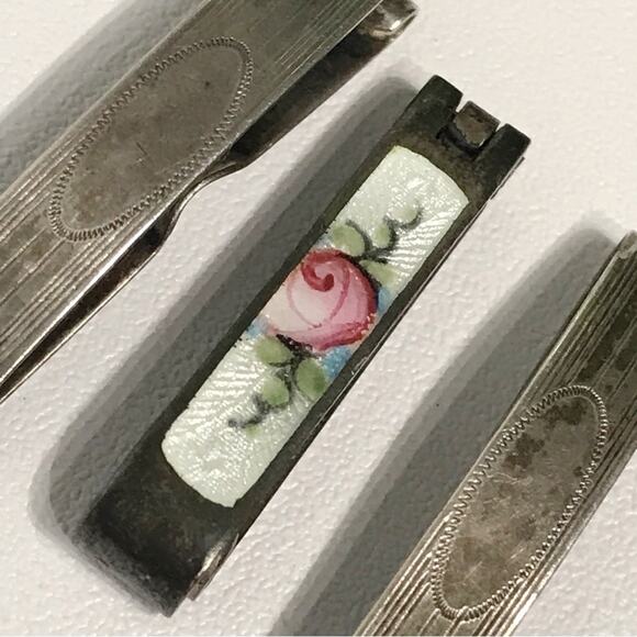 Vintage Guilloche Sterling Silver Enamel Hand Painted Rose Barrette Lot Set of 3 main image 6
